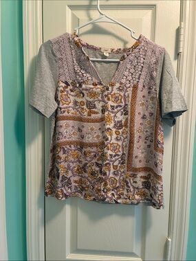 Anthropologie Lavender Patchwork Floral Lace Yoke Tee